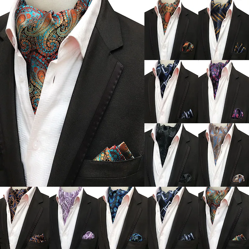

Mans Vintage 100% Silk Ascot Tie Pocket Square Set Luxury Mans Paisley Flower Cravat Neck Tie Handkerchief Gifts for Men