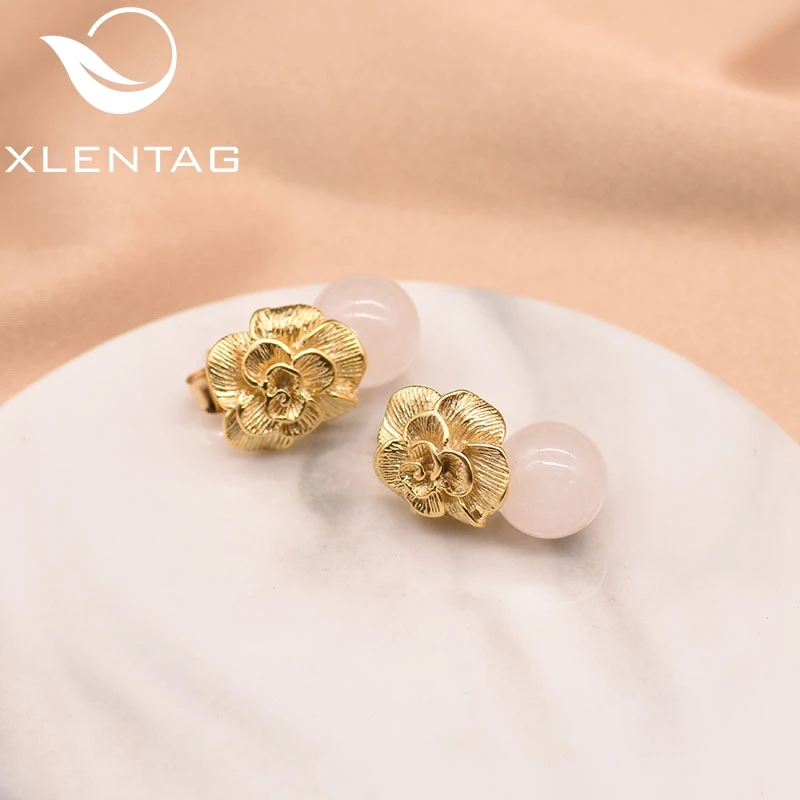 XlentAg 925 пробы серебряные серьги-гвоздики натуральный розовый круглый Кристалл Висячие серьги для женщин растительный цветок серьги для помолвки GE0336