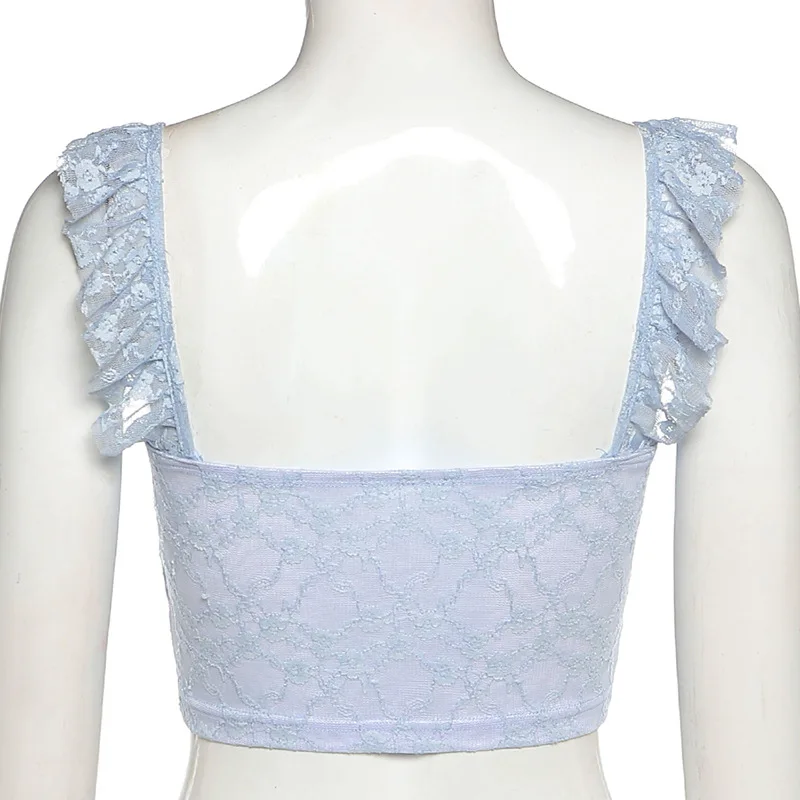 

MissThalia Streetwear Lace Trim Backless Bustier Tops Y2K Fashion Square Collar Blue Crop Tops Sweet Vintage OUtfits Summer