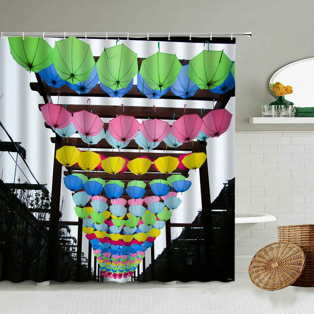 

Fun Colorful Umbrella Pattern Shower Curtain Street Ancient Town Decoration Bathroom Bathtub Waterproof Polyester Cloth Curtains