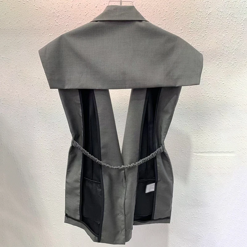 

Elegant Solid Coat For Women Notched Sleeveless Patchwork Hollow Out Backless Slim Coats Female Spring Fashion 2021
