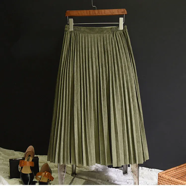 Army Green Новая модная Осенняя Женская замшевая юбка Розовые белые длинные плиссированные юбки женские s Saias миди Faldas винтажные женские миди юбки - Цвет: Army Green