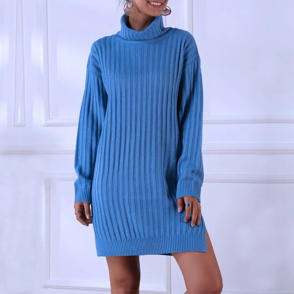Женское мини-платье с высоким воротником однотонное вечернее платье-свитер