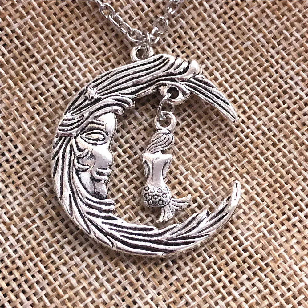 

Gothic Crescent Moon Necklace Wizard Magic Pagan Mermaid Pendants Antique Silver Color Chain Choker Necklace Fashion Jewelry
