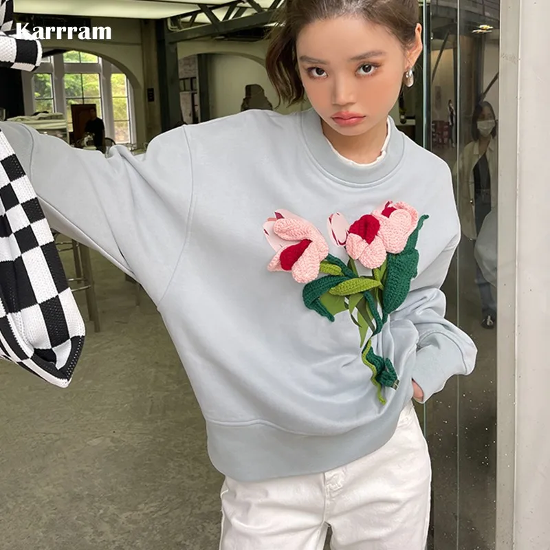 

Karrram Designer Clothes Women 3d Floral Print Pullovers Harajuku Korean Style Blue Sweaters Ladies Loose Autumn Winter Jumper