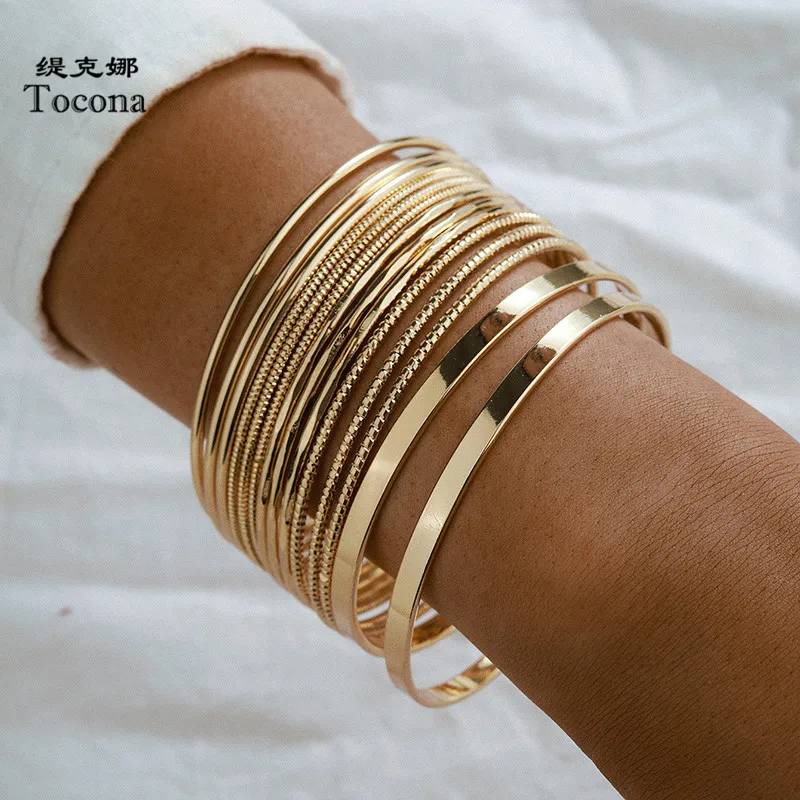 Tocona 14pcs/sets Punk Gold Color Bracelets for Women Trendy Alloy Metal Bangle Bohemian Jewelry Accessories Wholesale 15165
