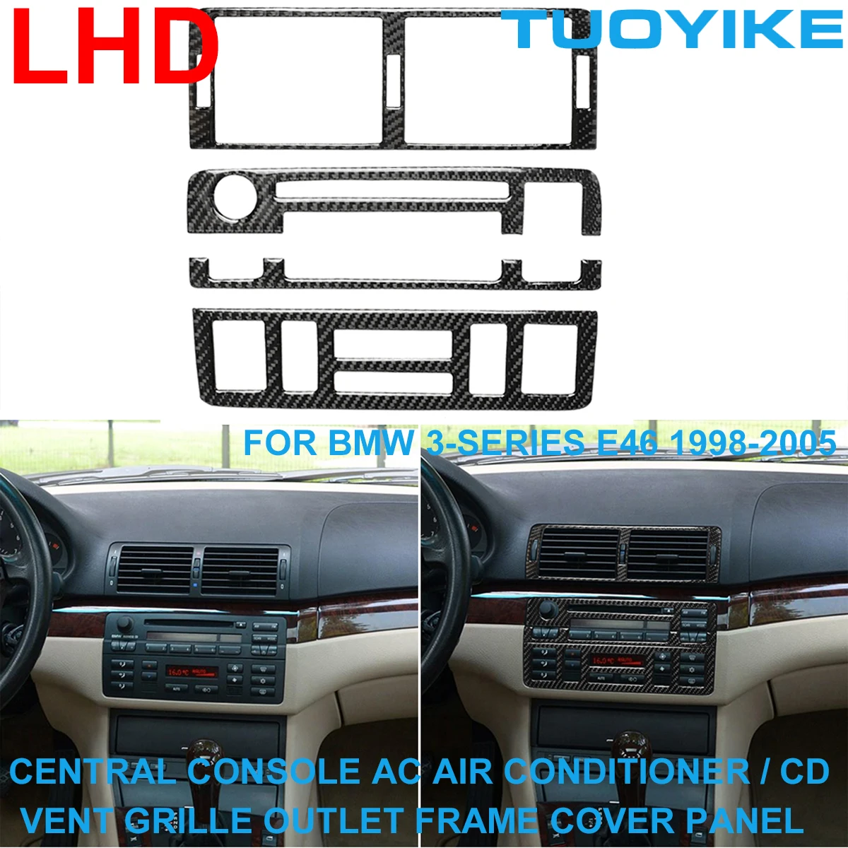 

LHD RHD Carbon Fiber Central Console AC Air Conditioner Vent Grille CD Button Frame Cover Panel For BMW 3-Series E46 1998-2005