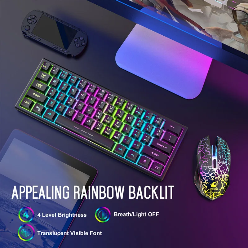 

61-клавишная механическая клавиатура и мышь, синий переключатель, цветная подсветка, беспроводная клавиатура и мышь в комплекте, бесплатный волк для ноутбука