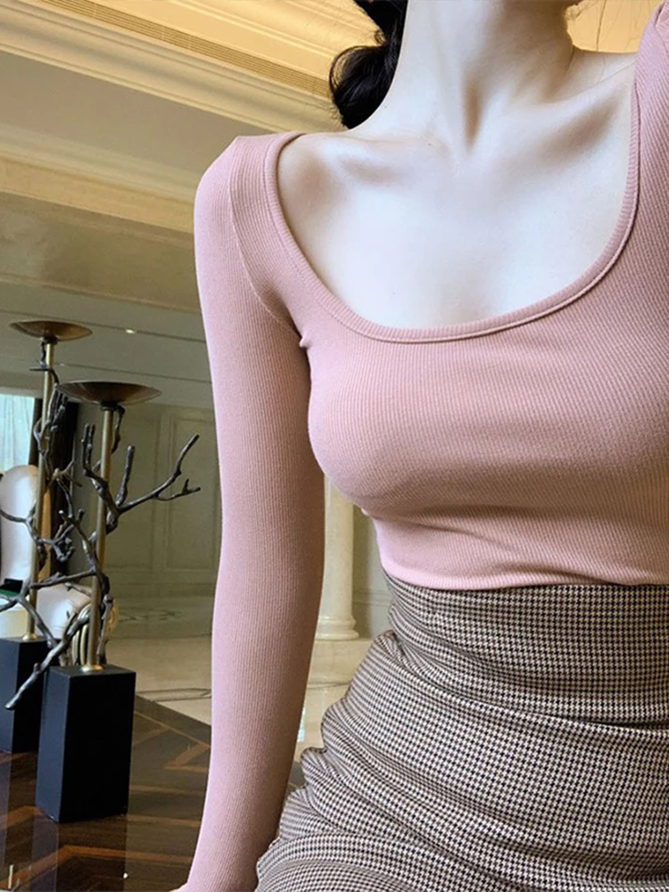 

Korean Style Inner Match Small Shirt French Style Retro Square Collar Sexy Push-up Slim Fit Slimming Long Sleeves Bottoming Top
