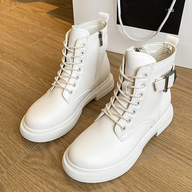 

Winter boots women Warm flat shoes 2021 new black femme ankle boots for women Fashion luxury leather White Short boots woman 39