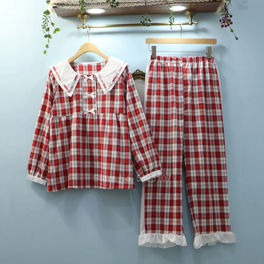 Комплект пижамный Женский кружевной в клетку с воротником Питера Пэна костюм