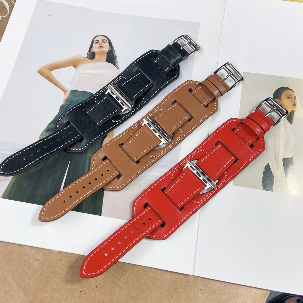 41mm 45mm Cuff Strap for Apple Watch Band 44/40mm 42/38mm Leather Bracelet Belt for iWatch Series SE 7 6 5 4 3 2 1 Watchband images - 6