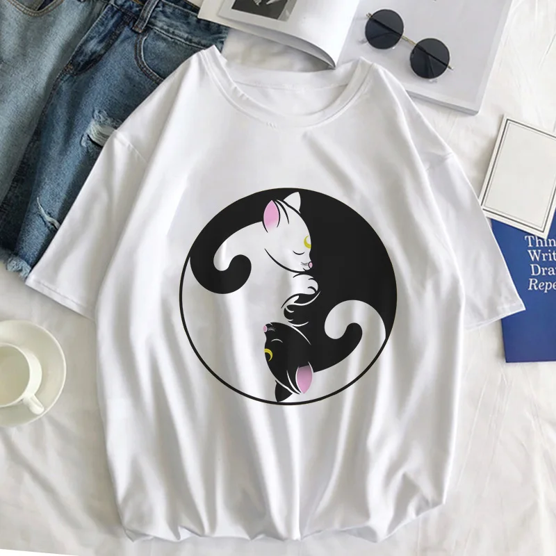 Sailor Moon Cat Футболка женская летняя Kawaii стильная одежда Harajuku футболка Ulzzang Повседневная футболка с коротким рукавом женская футболка