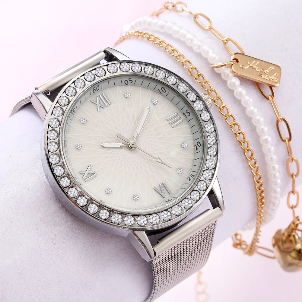 

Комплект женских часов и браслета, роскошные Серебристые кварцевые наручные часы для женщин, 2 шт., комплекты с часами часы, подарки, Relogio ...