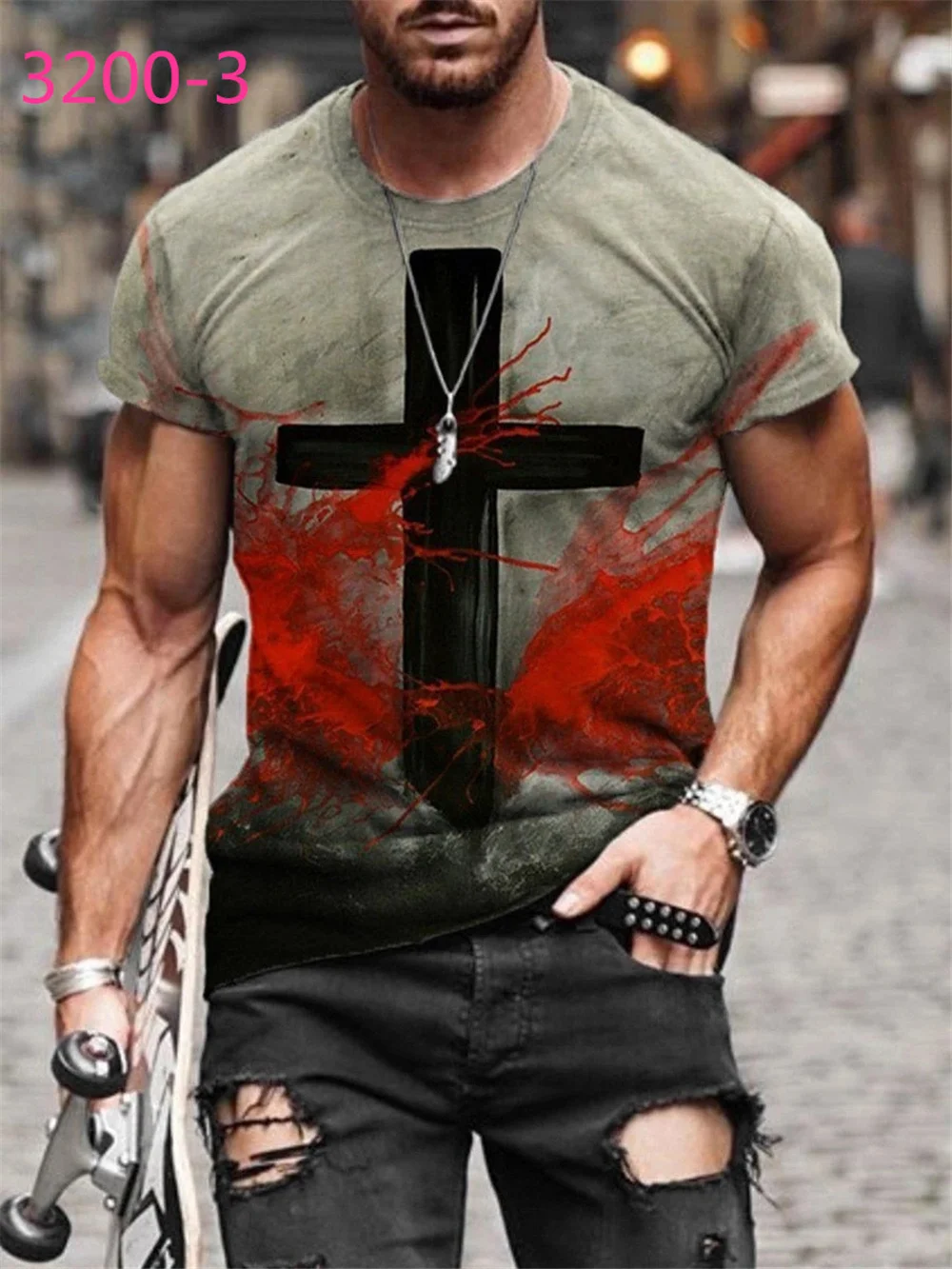 

3D printed cross pattern men's retro round neck short-sleeved shirt fashion streetwear style casual men's Harajuku T-shirt top