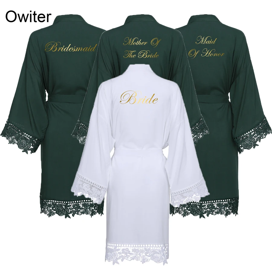 Owiter 2019 New Dark Green Cotton Kimono Bride Bridesmaid Robes w/ Lace Trim Women Wedding Bridal Robe Bathrobe Sleepwear White