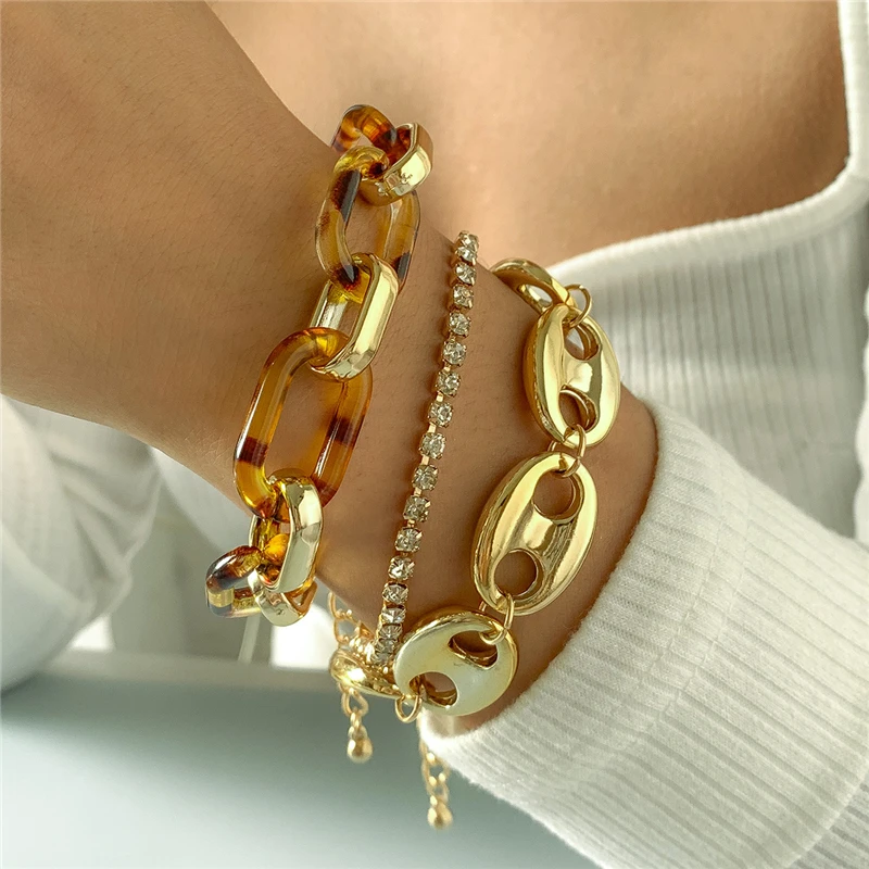 

New Acrylic Leopard Print Metal Thick Link Chain Bracelet Set for Women Punk Hip Hop Claw Chain Charm Bracelet Fashion Jewelry