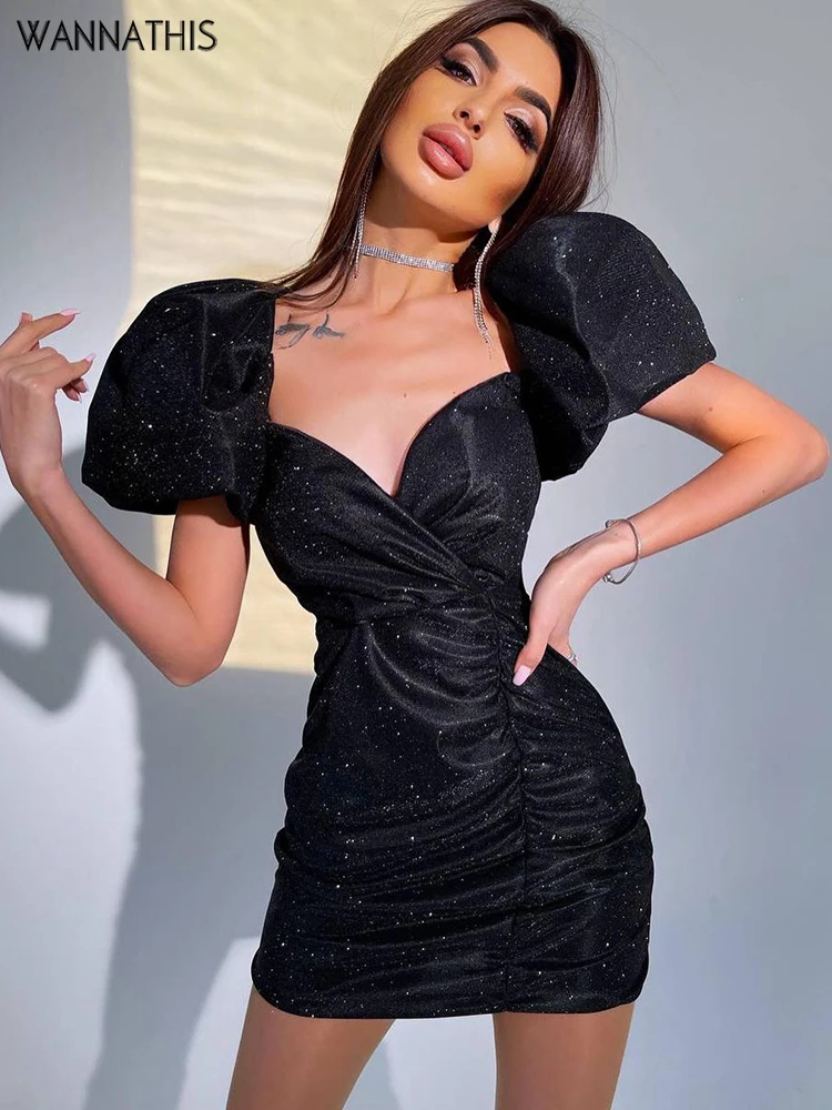 

WannaThis Sequin Black Party Mini Dress Square Collar Bling Puff Sleeve Ruched Prom Gala Dresses Sexy Elegant Office Lady Dress