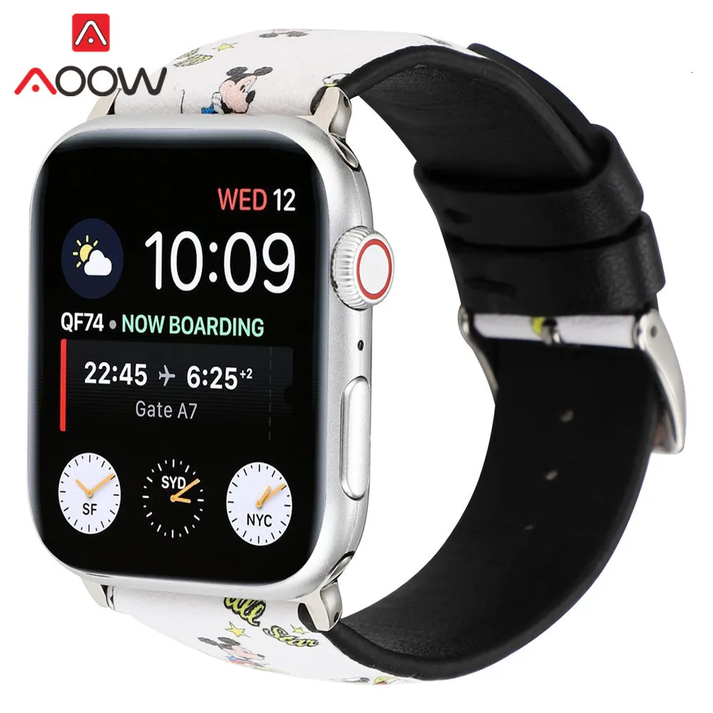 Кожаный ремешок для часов с мультяшным принтом для Apple Watch 40 мм 44 мм 38 мм 42 мм Микки браслет с подвеской в виде мыши ремешок для iWatch 1 2 3 4