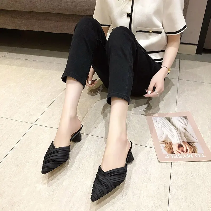 

Slippers Casual Summer Women's Shoes Pointed Toe Shallow Female Mule Square heel Pantofle Slides Thin Heels Med Luxury Mules Blo