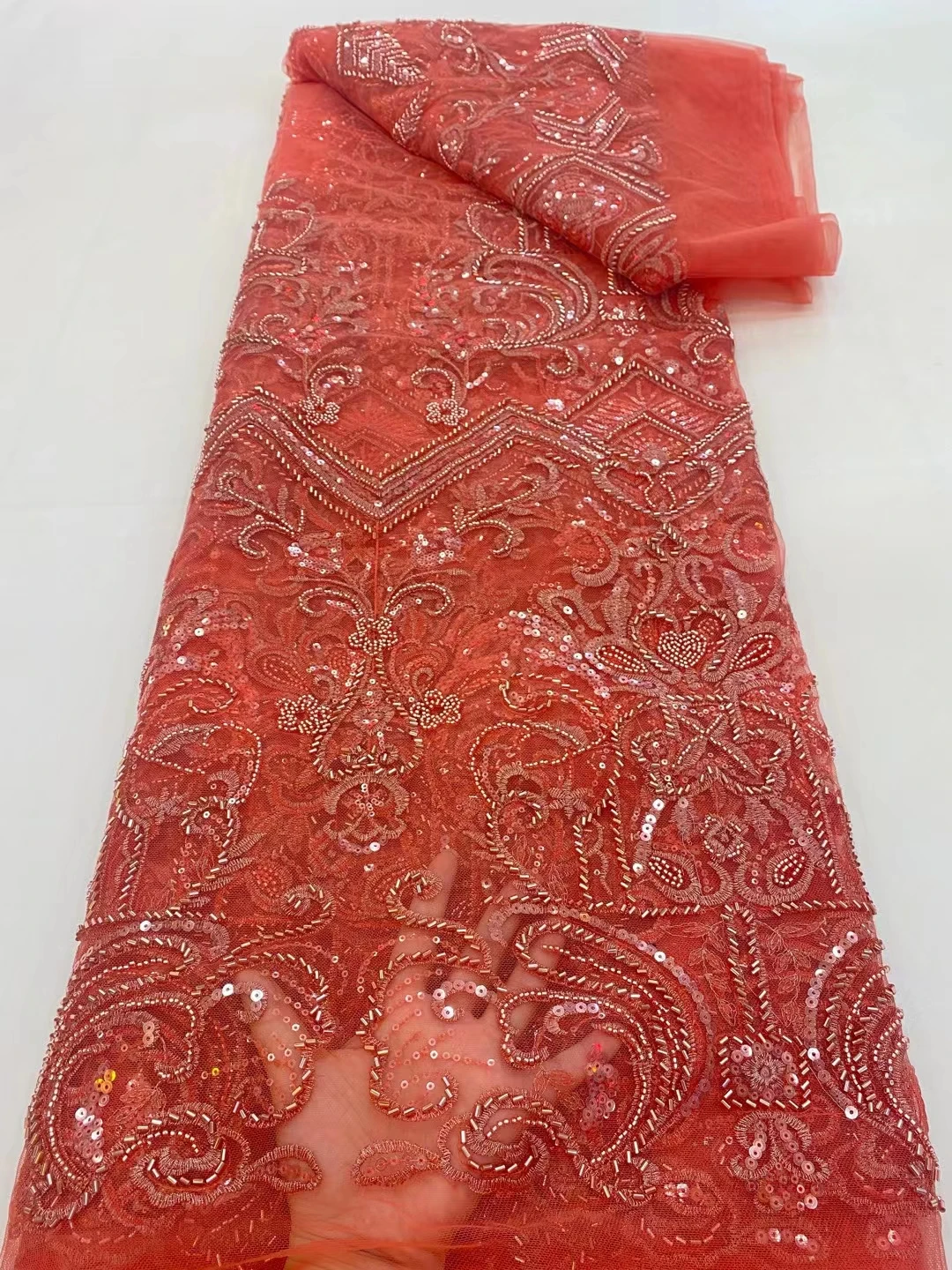 

Африканская кружевная ткань с блестками, 5 ярдов, 2021, Высококачественная французская нигерийская кружевная ткань с бисером для шитья свадеб...