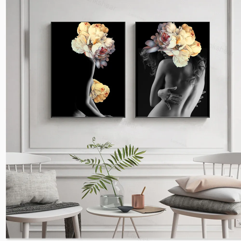 Плакаты в скандинавском стиле декоративные настенные цветы перья обнаженные