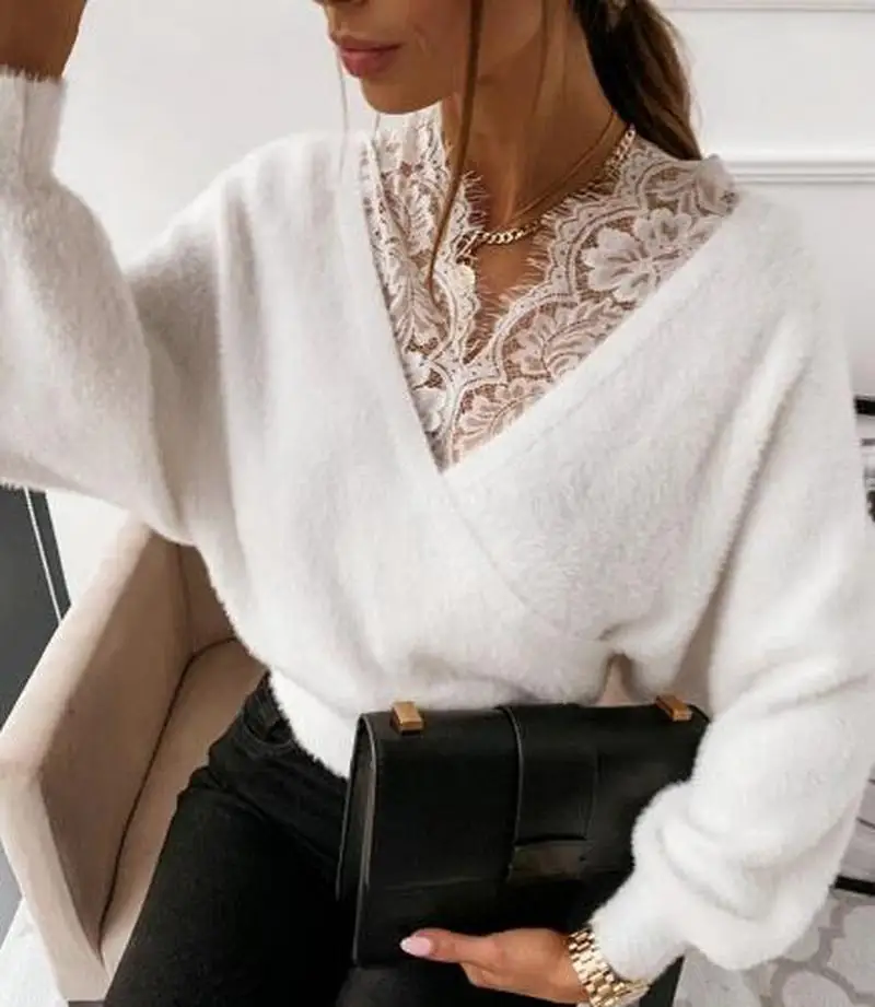 

Fashion Office Lady Sexy V-neck Lace Patchwork Plush Long Sleeve Top Sexy Women's Solid Color Lace Sling Flannel Long Sleeve Top