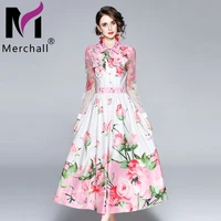 runway vintage pink floral maxi dress females lace patchwork shirt collar long sleeve pockets a line long party dresses m65919