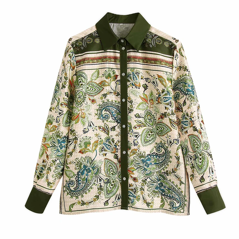 

YENKYE Women Vintage Patchwork Paisley Floral Print Retro Blouse Female Breasted Side Split Streetwear Ladies Shirts Blusas Tops