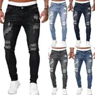 Мужские рваные джинсы скинни с дырками, черные и синие повседневные облегающие джинсовые брюки большого размера в стиле хип-хоп для бега, 2022