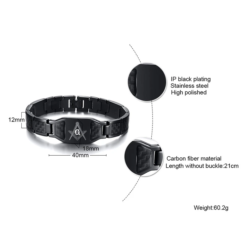 Vnox Custom Free of Mason Bracelet for Men Black Carbon Fiber Stainless Steel Mansonic Jewelry Punk Male Club Bandge Personalize | Украшения