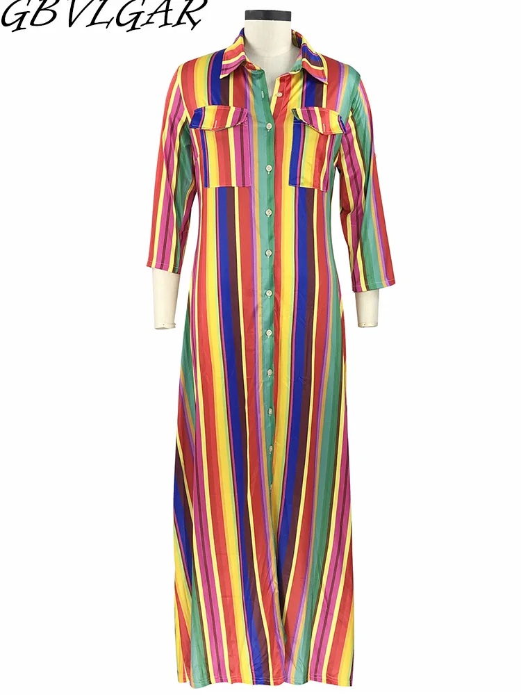 

Casual Summer Women Turn Down Collar Long Shirt Dress Female Short Sleeve Stripes Geometric Print Long Maxi Dress Elegant Party