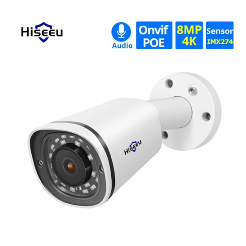 Hiseeu Latest Bullet 4K 8MP POE IP Camera Waterproof Audio Record Video Surveillance Security CCTV Camera for POE NVR 48V H.265