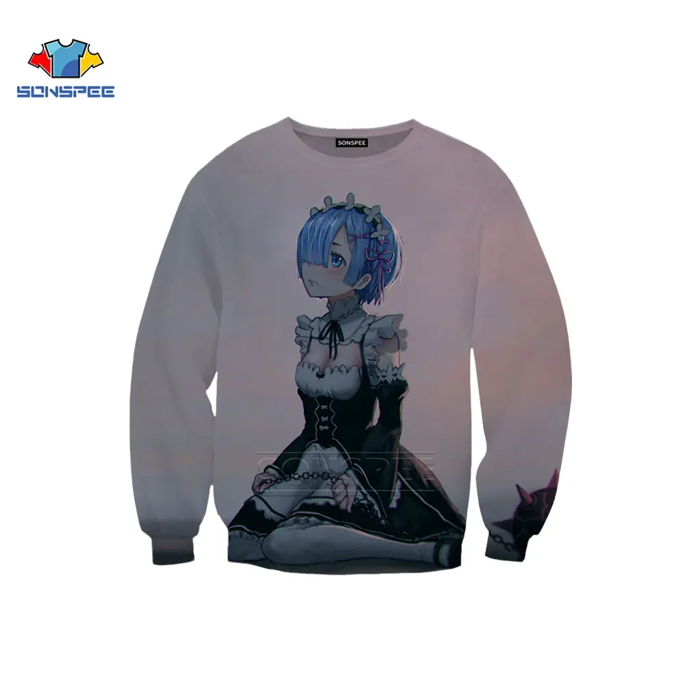 

SONSPEE Life In A Different World From Zero Anime Sweatshirt Men Women Hoodies 3D Print Sleeve Personality Rem O Neck Pullover