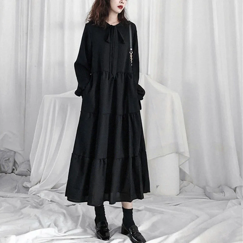 

Chiffon Dress French Bellflower Skirt Female Autumn New Loose Retro Hepburn Gentle Women Party Dress Black Dress