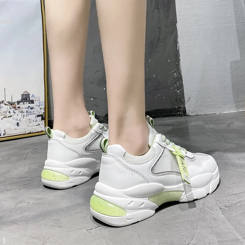 

New Autumn Chunky Sneakers Women Shoes Thick Bottom High Heels Platform Shoes Woman Lace Up Breathable Air Mesh Casual Shoes