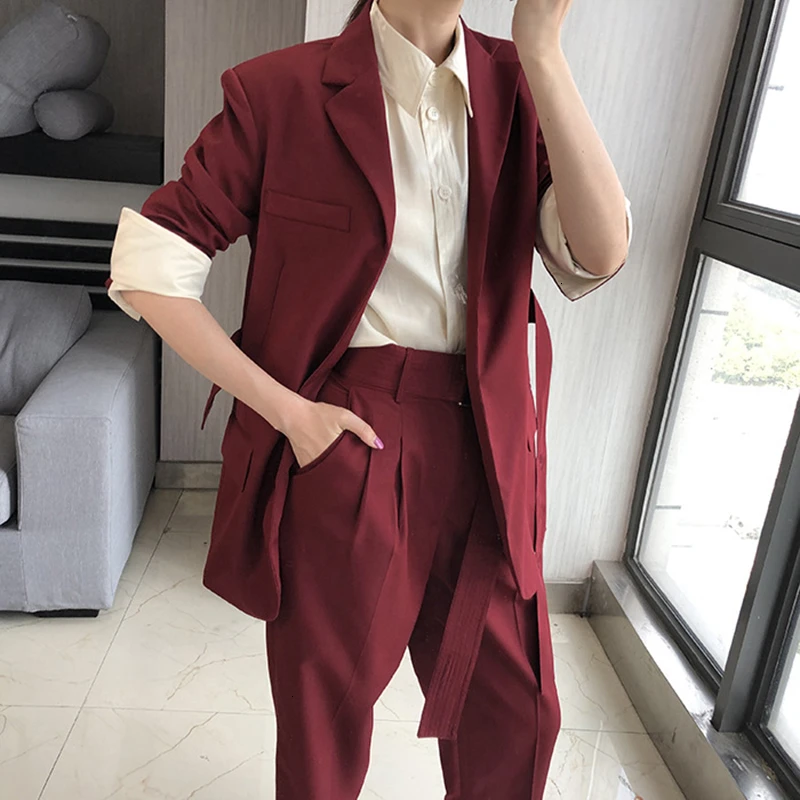 TWOTWINSTYLE Элегантный комплект из двух предметов женский воротник с лацканами длинный рукав на шнуровке хит цвет блейзеры Высокая талия с поясом костюмы женские