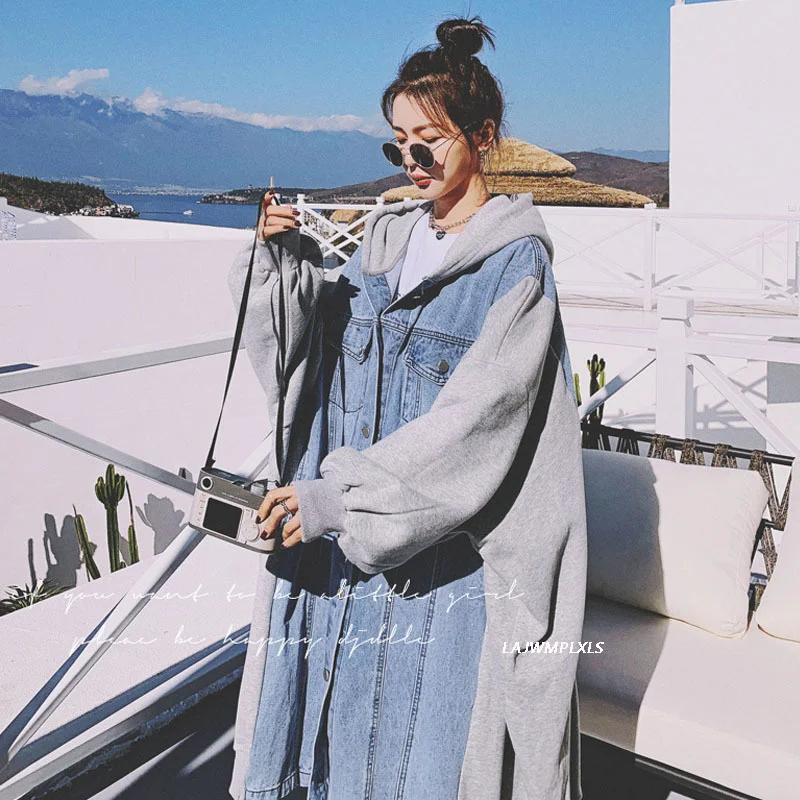 

Denim Stitching coat women's mid-length style spring 2021 New Korean version of the Oversize street windbreaker Coat