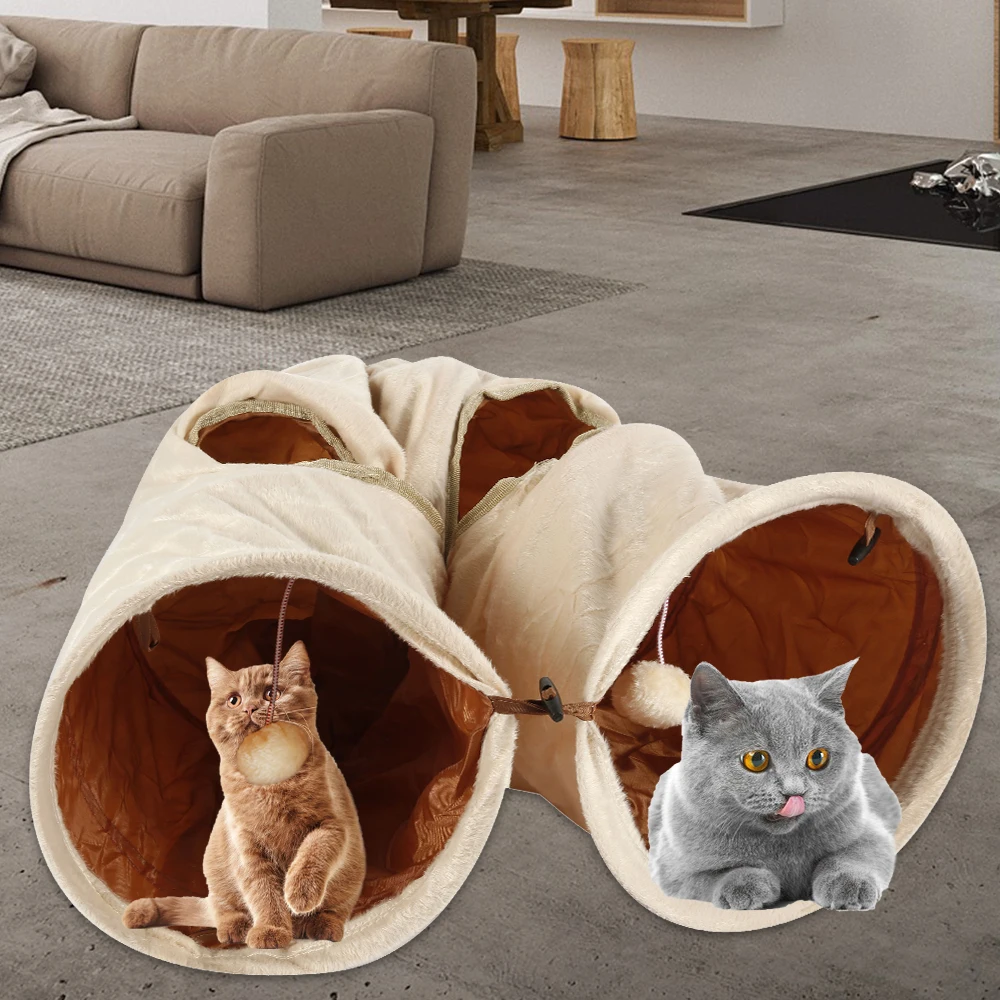 Забавный туннель для кошек 2 отверстия плюшевые игровые мячи складные игрушки