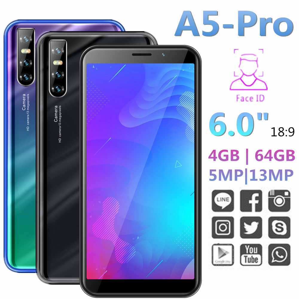 Оригинальный A5 Pro смартфонов 4G Оперативная память 64G Встроенная 6 0 &quot4 ядра 13 + 5 Мп