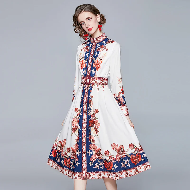 

2021 New Women Dresses Cotton Office Lady A-Line Full Sashes Dresses Mid-Calf Print Party Night Elegant Women Spring Dresses