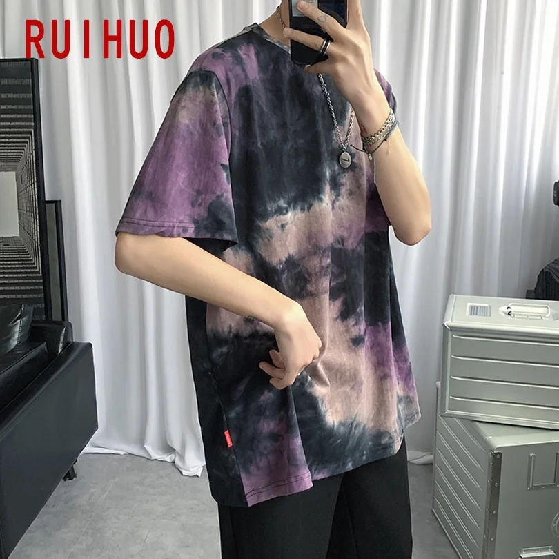 RUIHUO 2022 New Tie-Dye Short Sleeve T Shirt Men tshirt Male Summer Cotton Tee Casual Tops Fashion M-5XL Funny Clothing | Мужская одежда