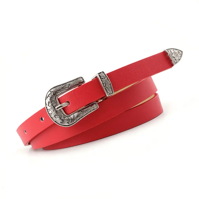 

1.4cm width luxury belts for women Vintage style carved silver pin buckle