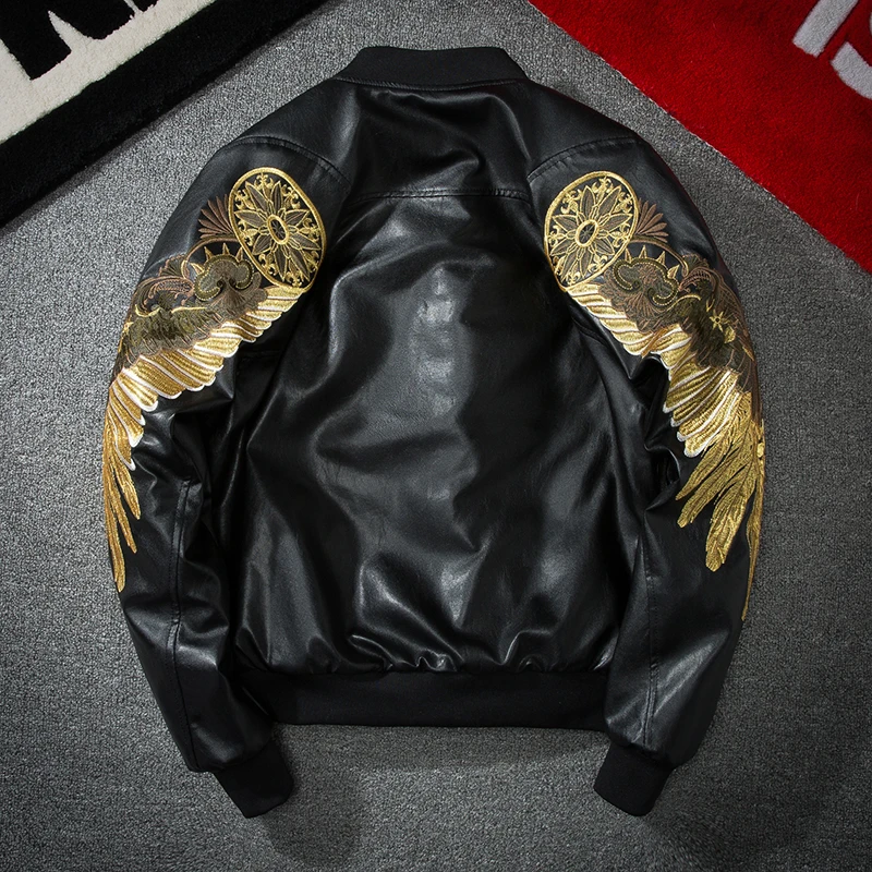 

Mens winter Autumn & Embroidery Gold Eagle Wings Bomber Jacket Male PU Imitation Leather warm Outwear