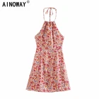 Винтажное шикарное женское платье без рукавов с цветочным принтом, богемное мини-платье с лямкой на шее, женское летнее платье из вискозы и хлопка в стиле бохо, платья