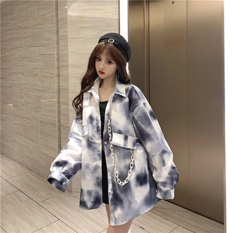 

Women's shirt Tie-dye long-sleeve shirts spring new Hong Kong Style retro loose thin cardigan jacket casual oversized blouses