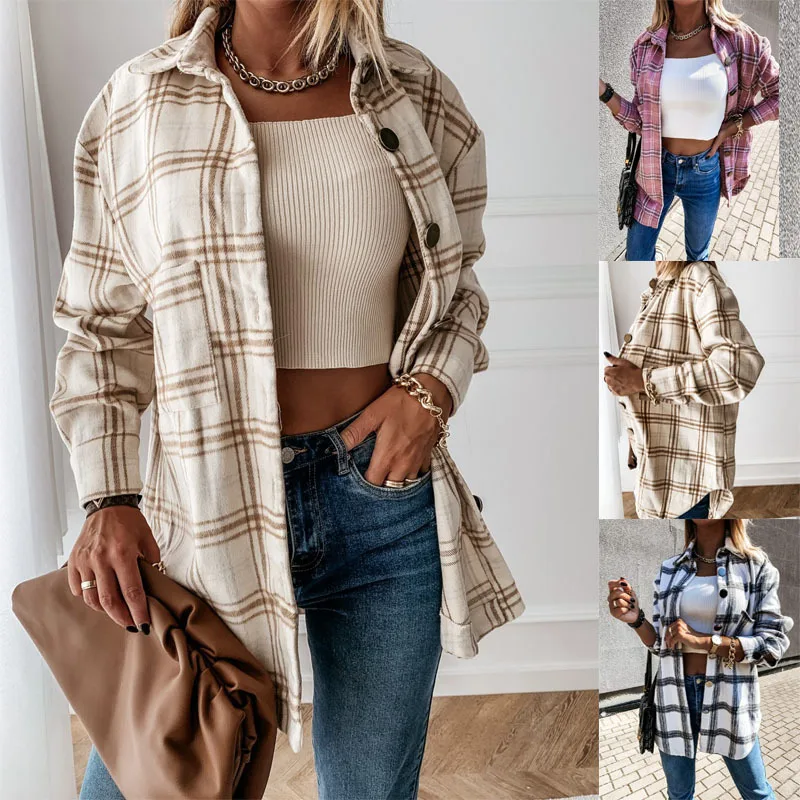 

Donsignet Fashion Women Woolen Coat Autumn Casual Hot-selling Lapel Single-breasted Plaid Pocket Loose Long-sleeved Woolen Coat