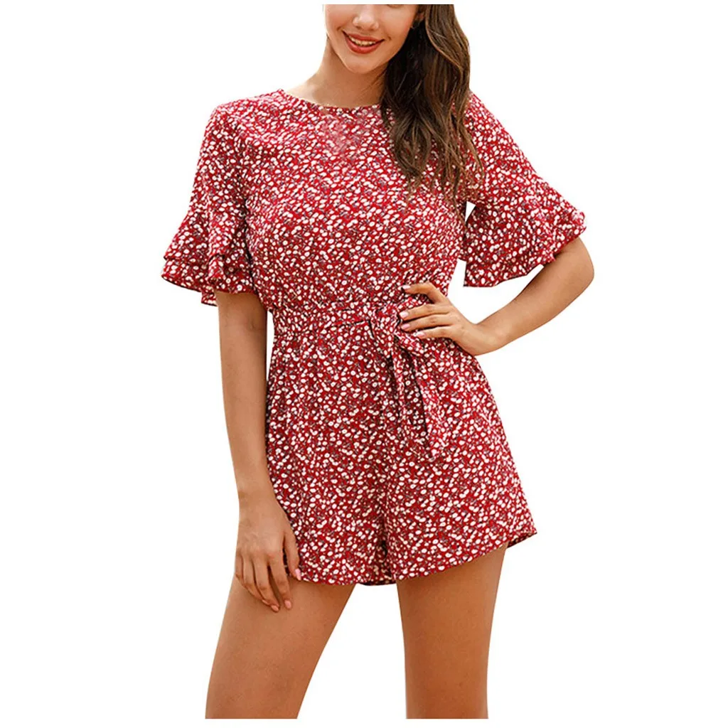 Комбинезон с круглым вырезом и коротким рукавом принтом широкими штанинами для