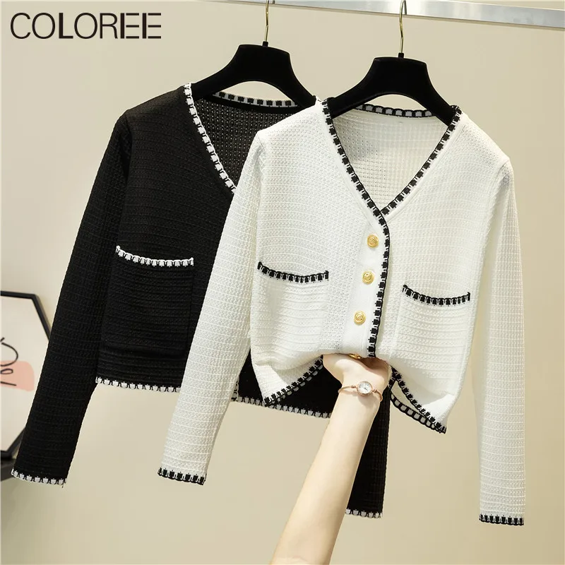 

Coloree Spring Autumn White/black Women Cardigans 2021 Fashion Slim Ladies Knitted Long Sleeve Buttons Sweater