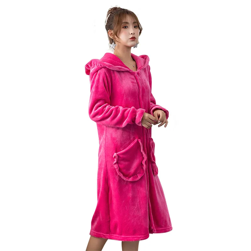 

Women Flannel Sleepwear One piece Warm Nightgown Thickened Nightdress Coral Fleece Home Service Extended Lace Nightwear Dress